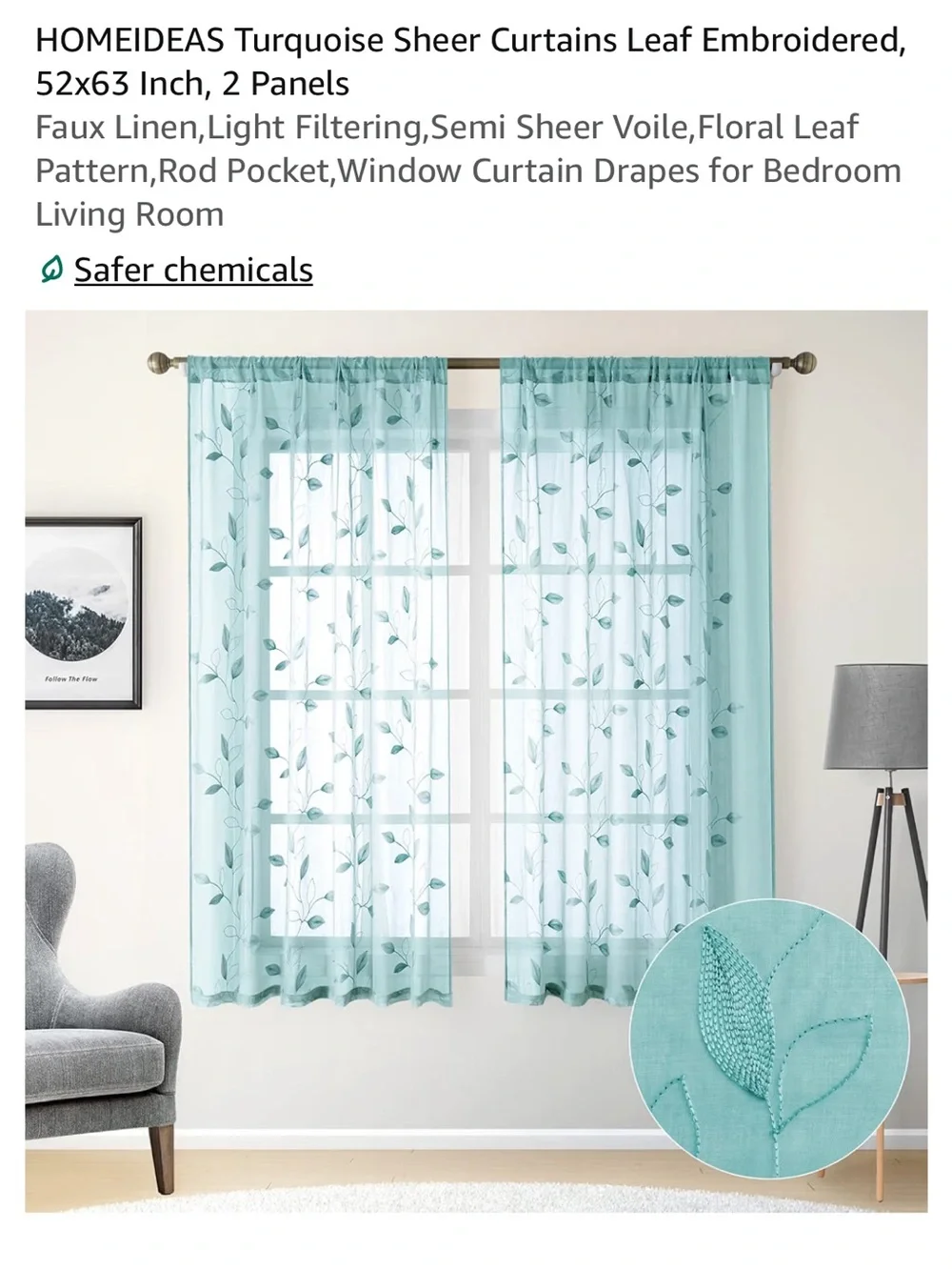 Turquoise Sheer Leaf Embroidered Curtain Panels - 3 Pack